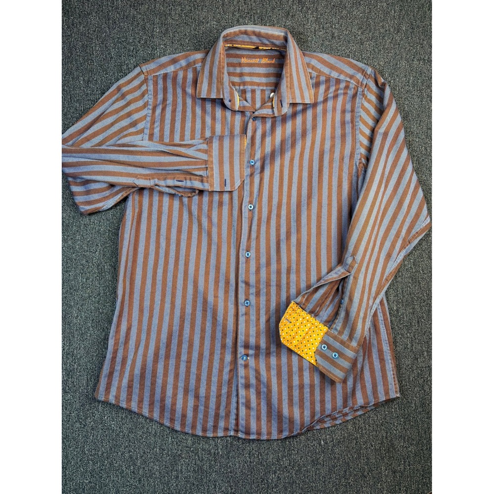 Visconti Black Mens Large Brown Blue Striped Cotton Button Down Shirt Turkey